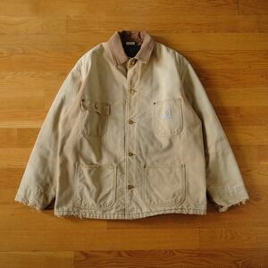 Carhartt Duck Chore Coat Tan Blanket Lined Work Jacket Mens Large Distressed